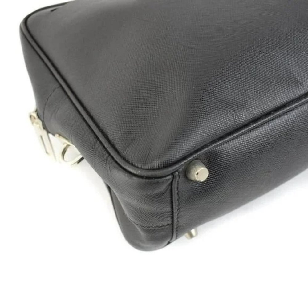 PRADA: Black, Saffiano Leather & Silver Logo Tote Bag - Picture 8 of 12